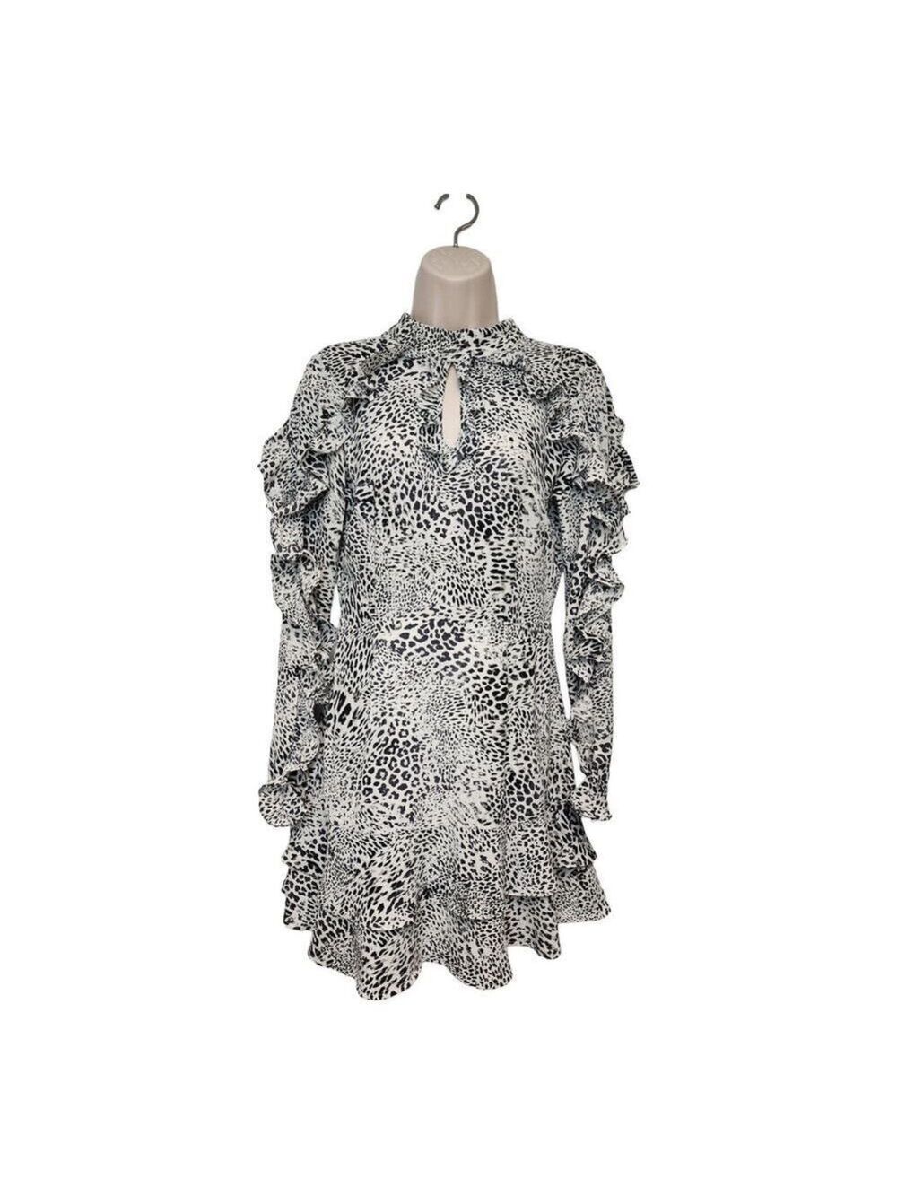 Glamorous Curve Leopard Print Frill Accents High Neck Mini Dress Size XSmall